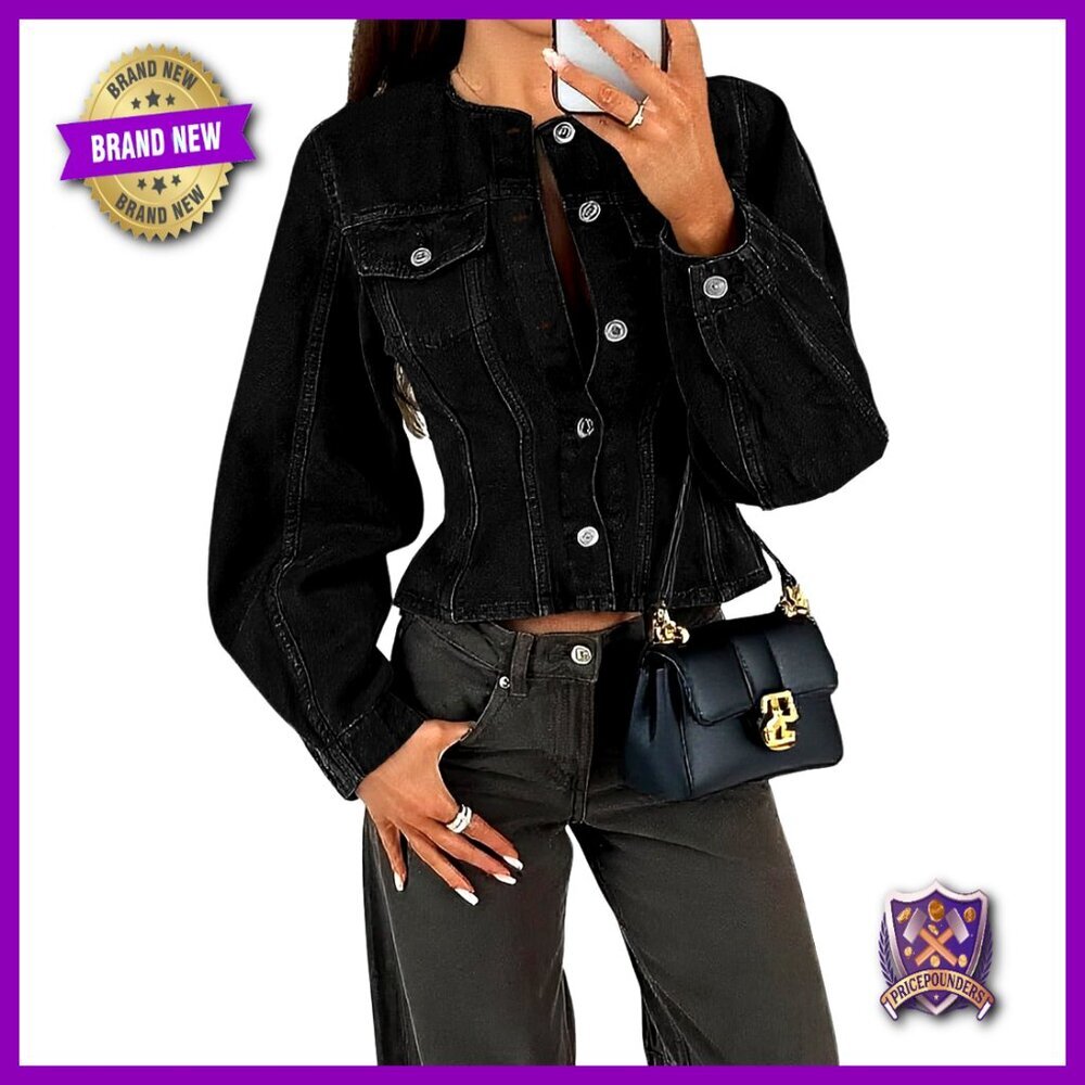 Cropped Denim Jacket Slim Fit Y2K Retro Casual Button Down Crewneck Shacket